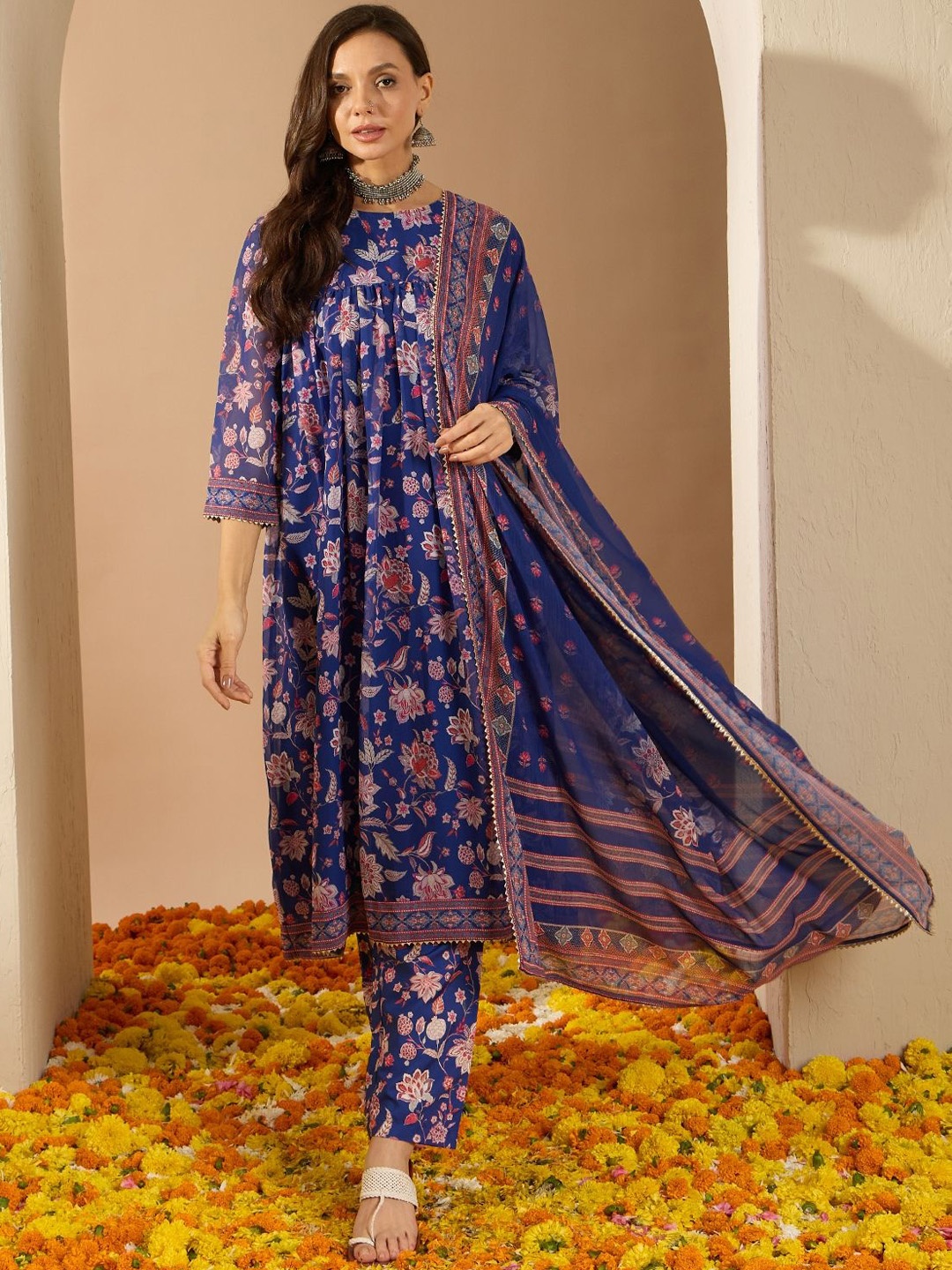 

ZIYAA Navy Blue Floral Printed Round Neck Empire Anarkali Kurta With Trouser With Dupatta