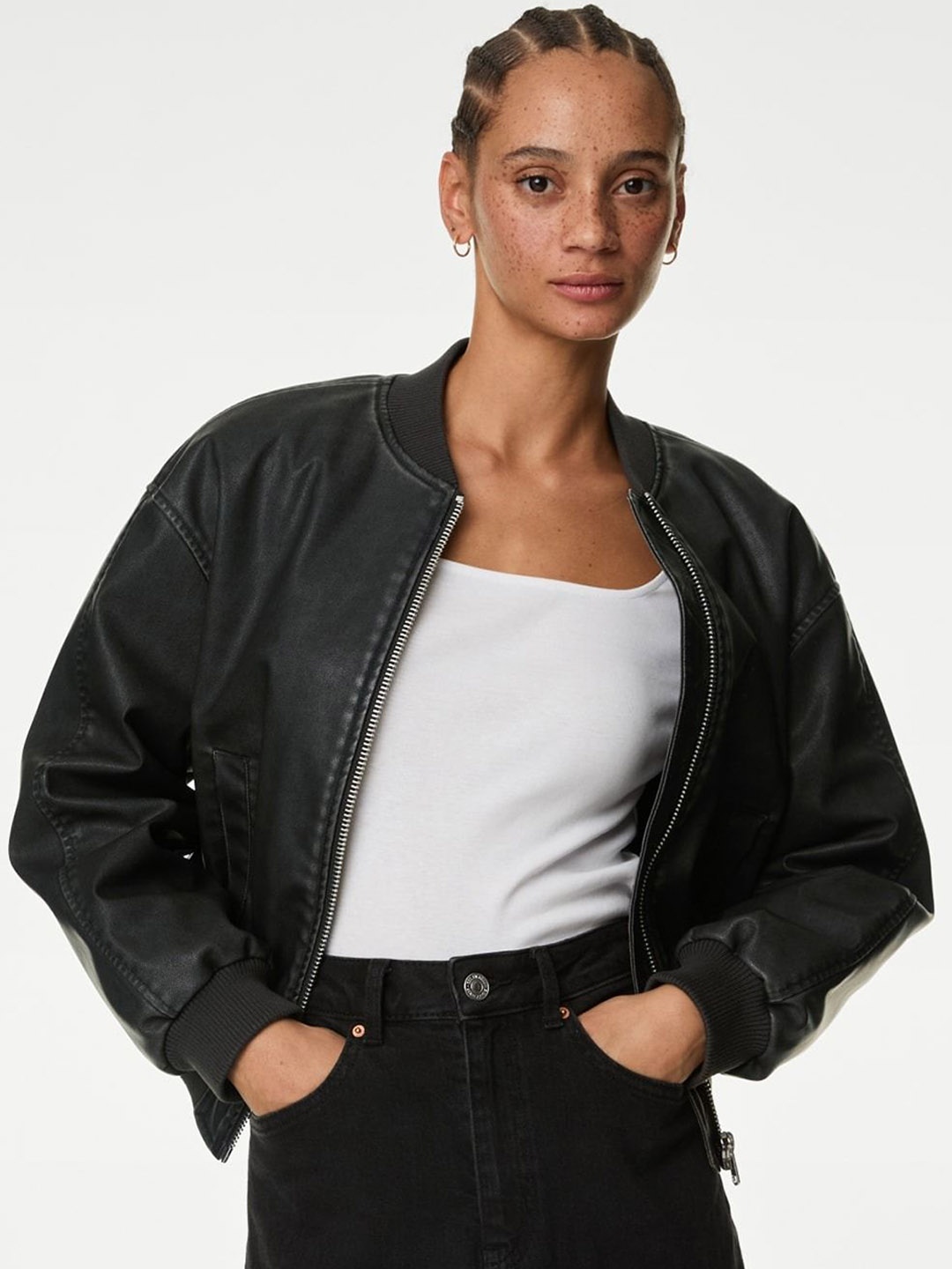 

Marks & Spencer Women Stand Collar Solid Casual Bomber Jacket, Black