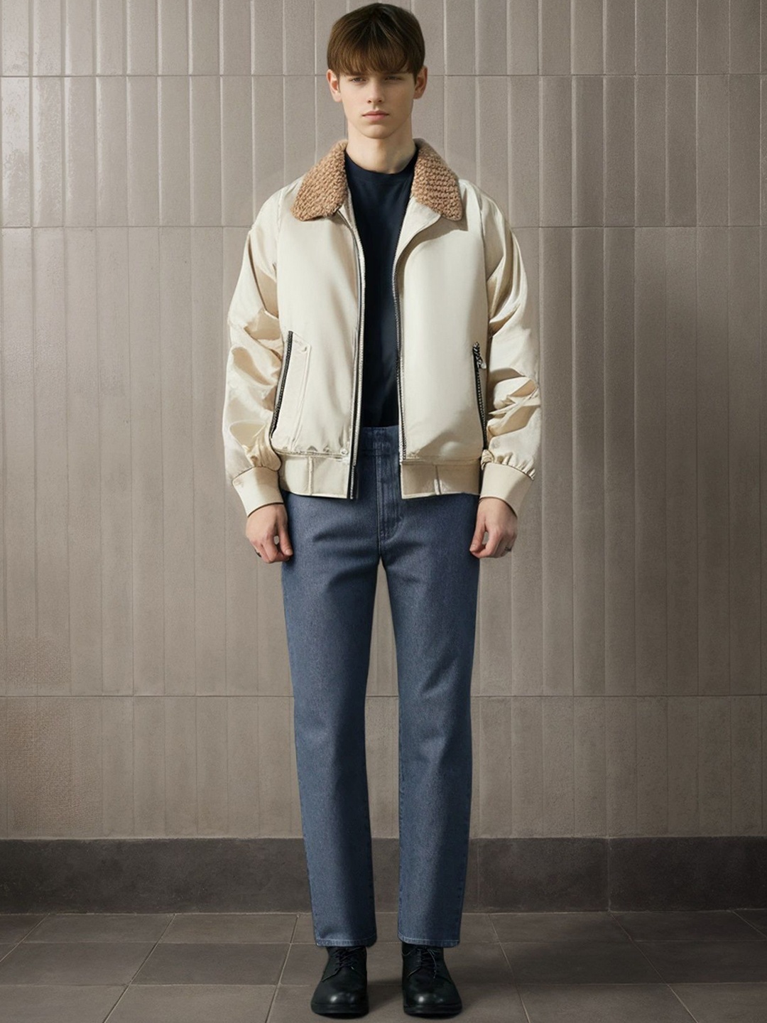 

StyleCast x Revolte Men Spread Collar Solid Casual Bomber Jacket, Beige