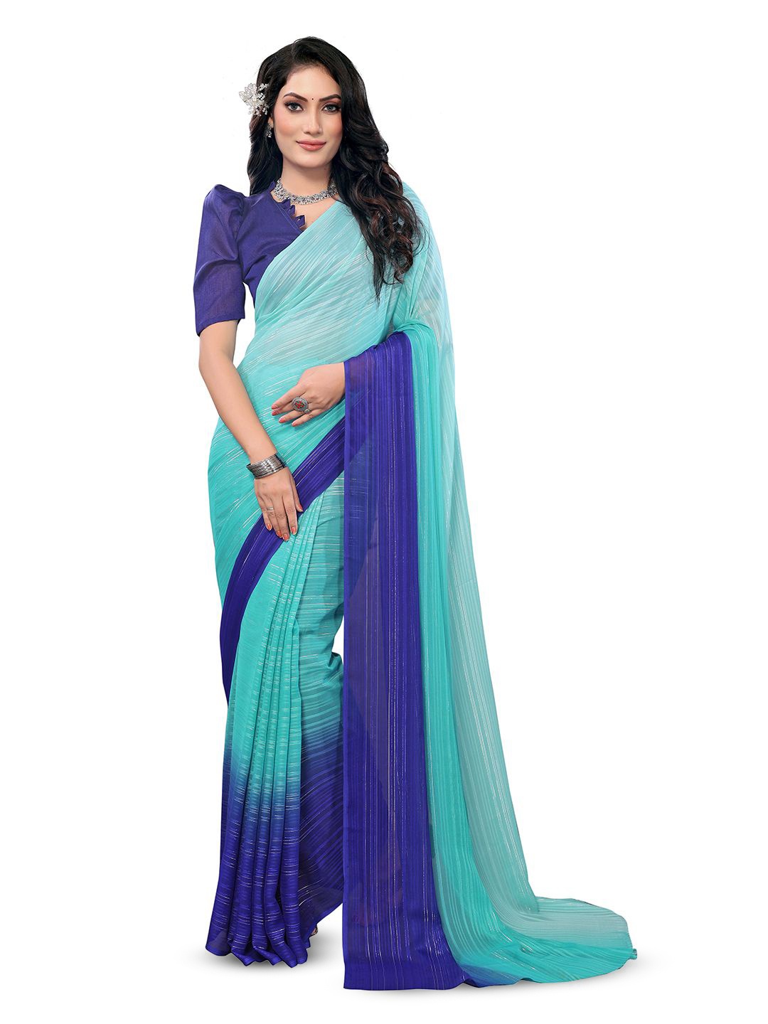 

Moda Rapido Striped Printed Satin Saree With Unstitched Blouse Piece, Blue