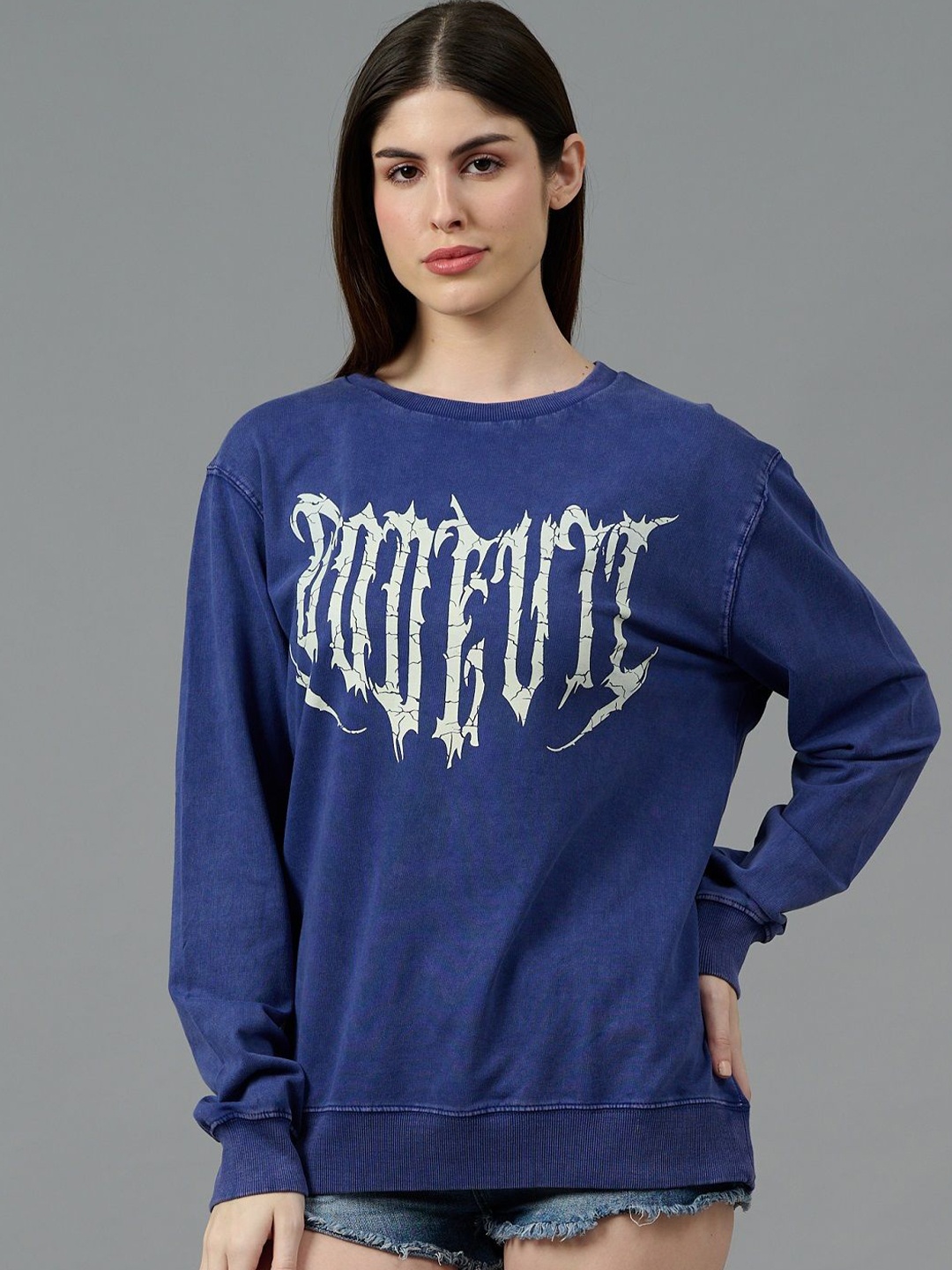 

GO DEVIL Women Printed Oversized Sweatshirt, Blue