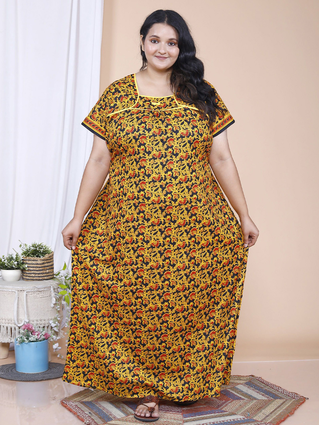 

SP DESIGNS Women Plus Size Printed Maxi Pure Cotton Nightdress, Yellow
