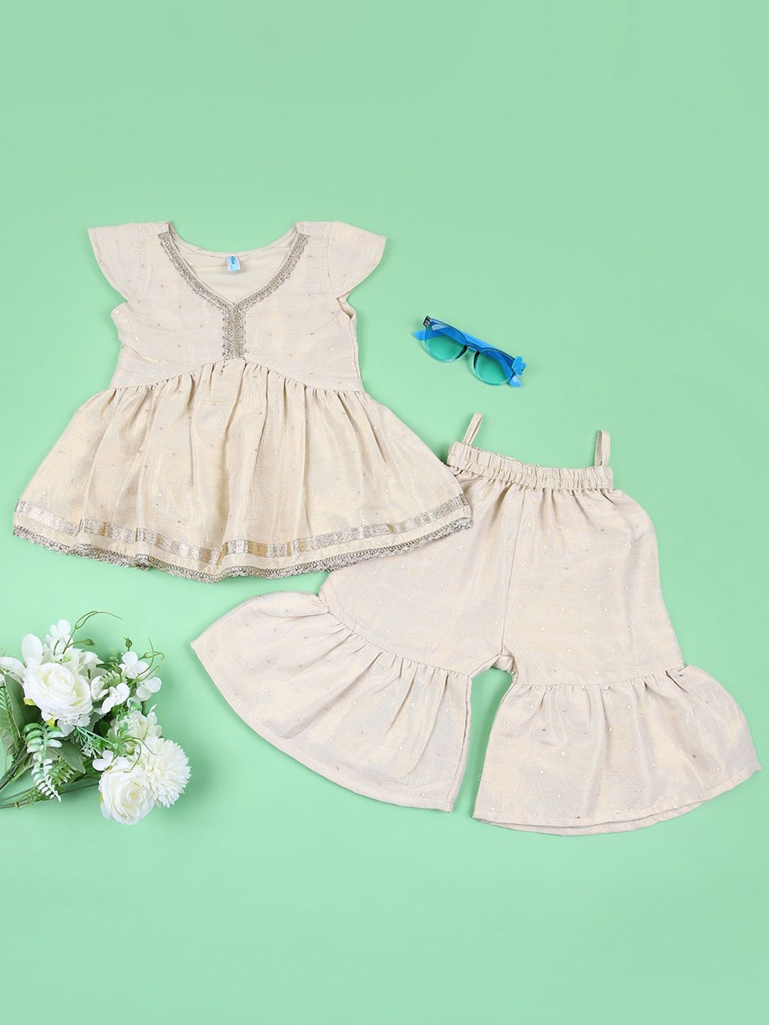 

V-Mart Kids Embellished V-Neck Short Sleeves Pure Cotton Tunic With Sharara, Gold