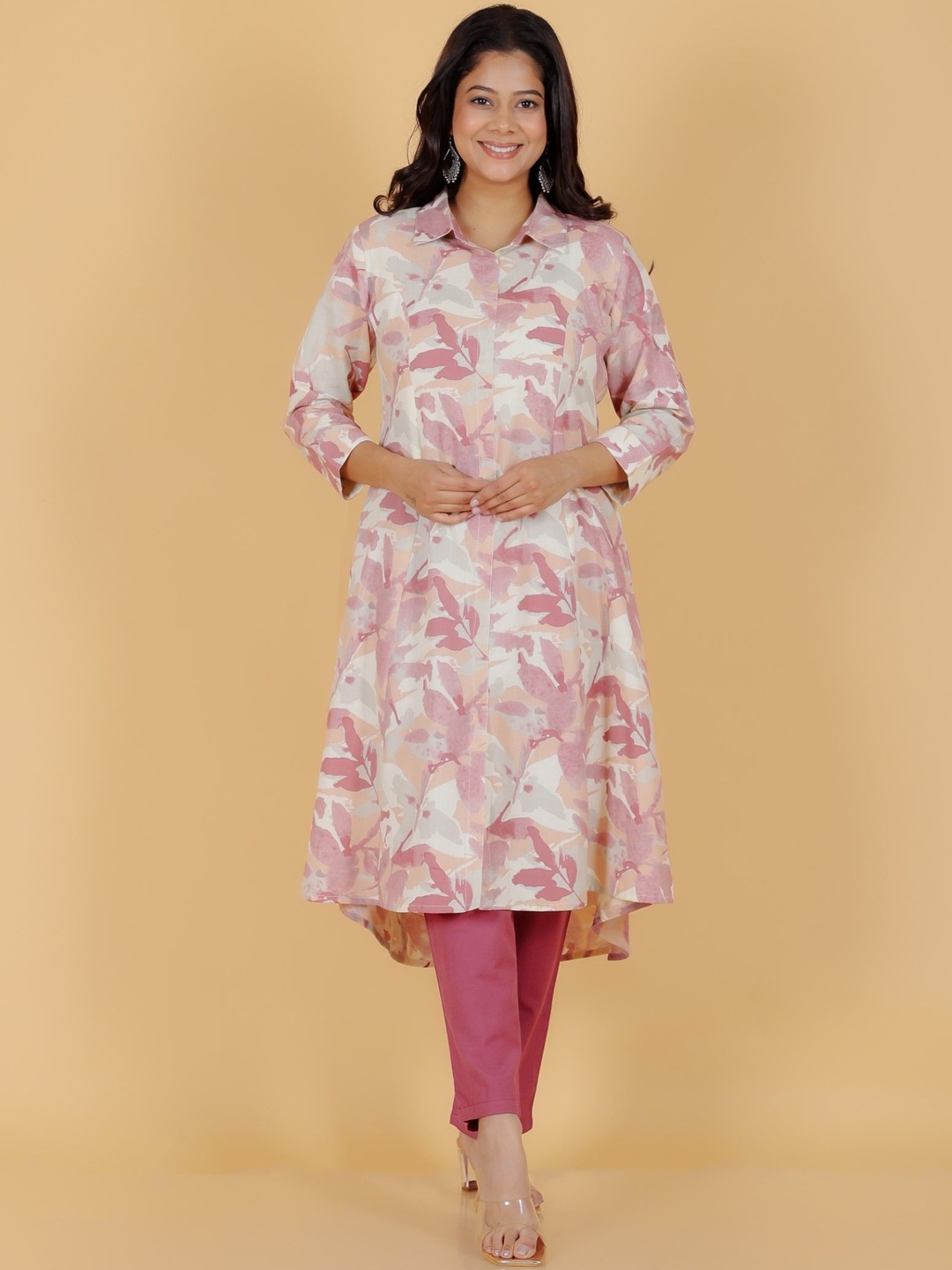 

Aramya Floral Printed Shirt Collar Three-Quarter Sleeves Regular Linen Kurta & Trouser, Pink
