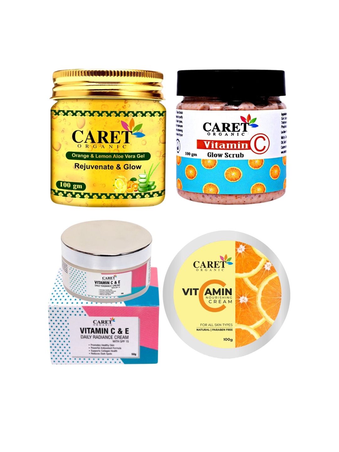 

CARET ORGANIC Set Of 4 Aloe Vera Gel, Vitamin C Cream & Glow Scrub, White
