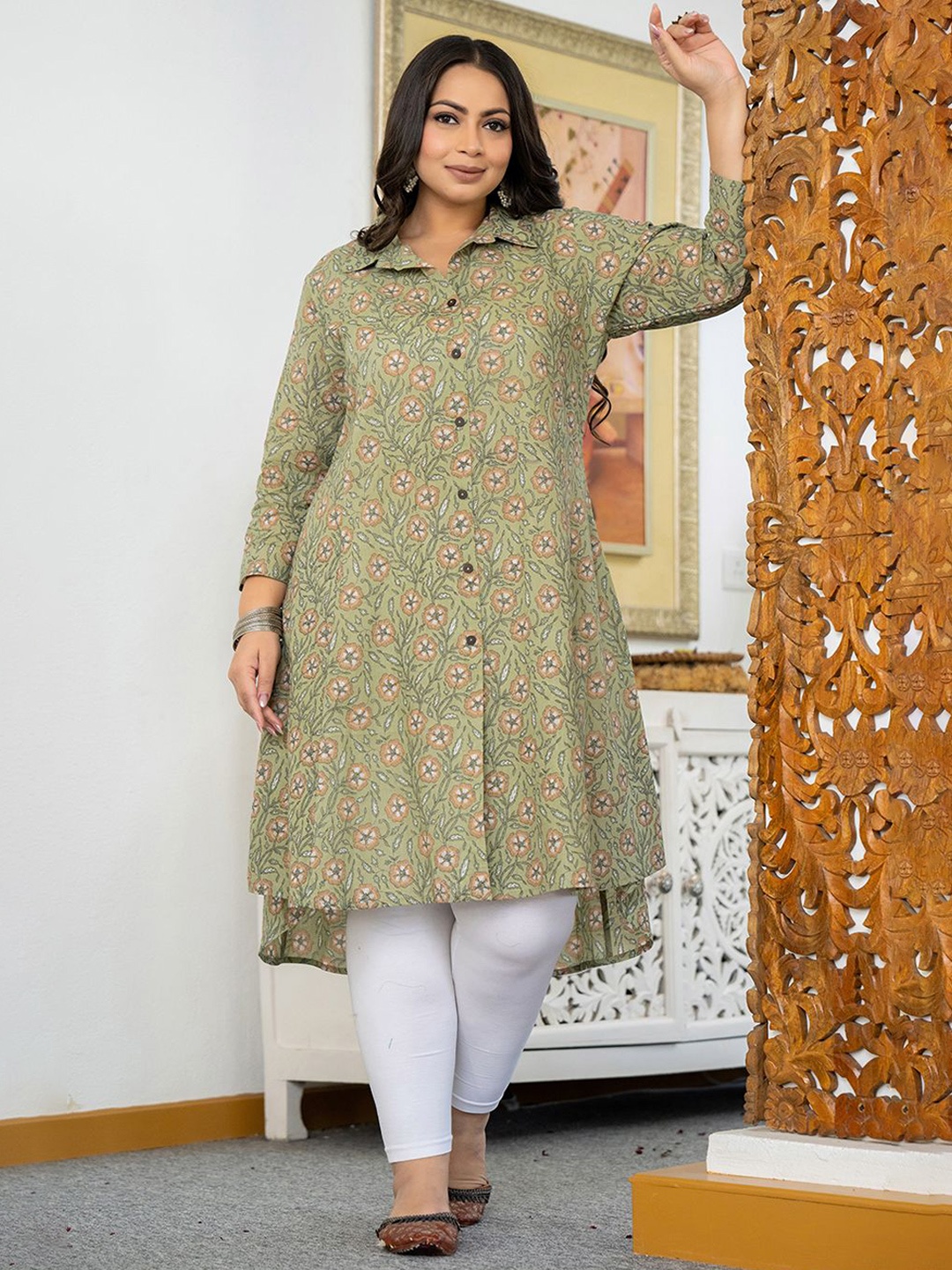 

KAAJH Plus Size Floral Printed Shirt Collar Pure Cotton A-Line Kurta, Green
