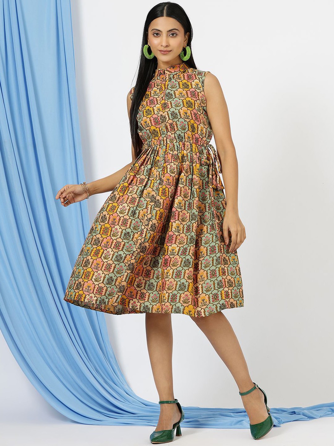 

SANJANA SILK Mandarin Collar Floral Printed Fit and Flare Cotton Dress, Pink