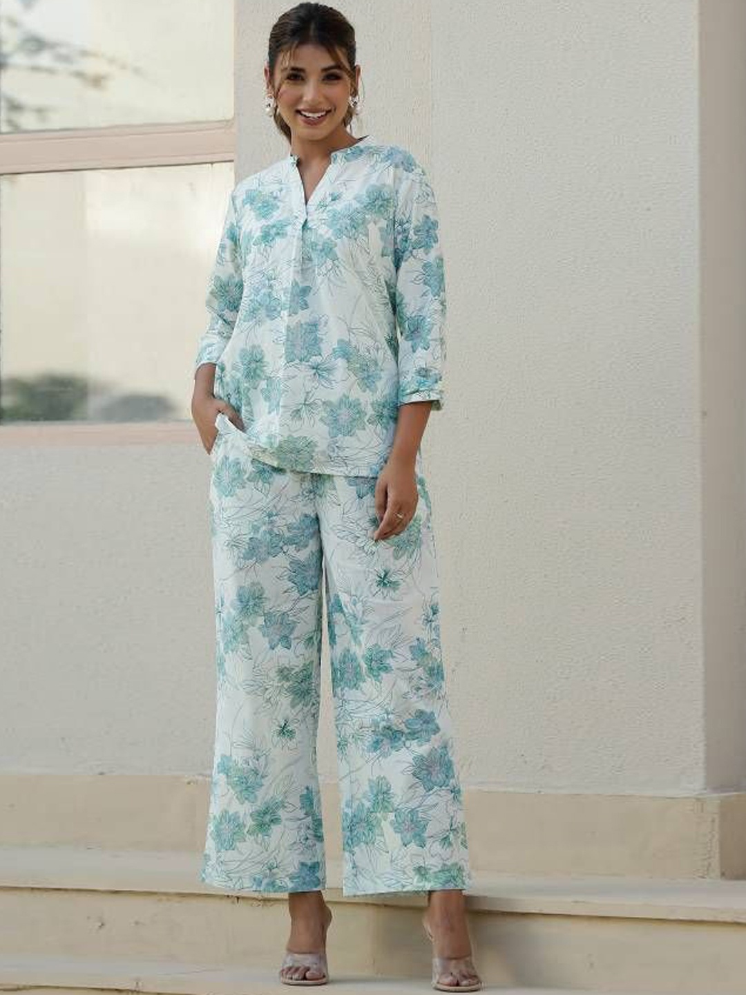 

FLAVIA CREATION Printed Pure Cotton Top With Trousers, White