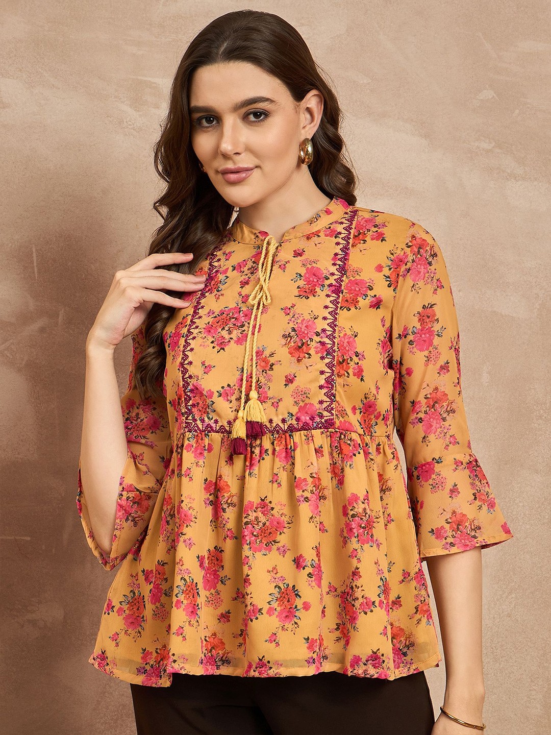 

all about you Women Floral Embroidered Cinched Waist Top, Mustard