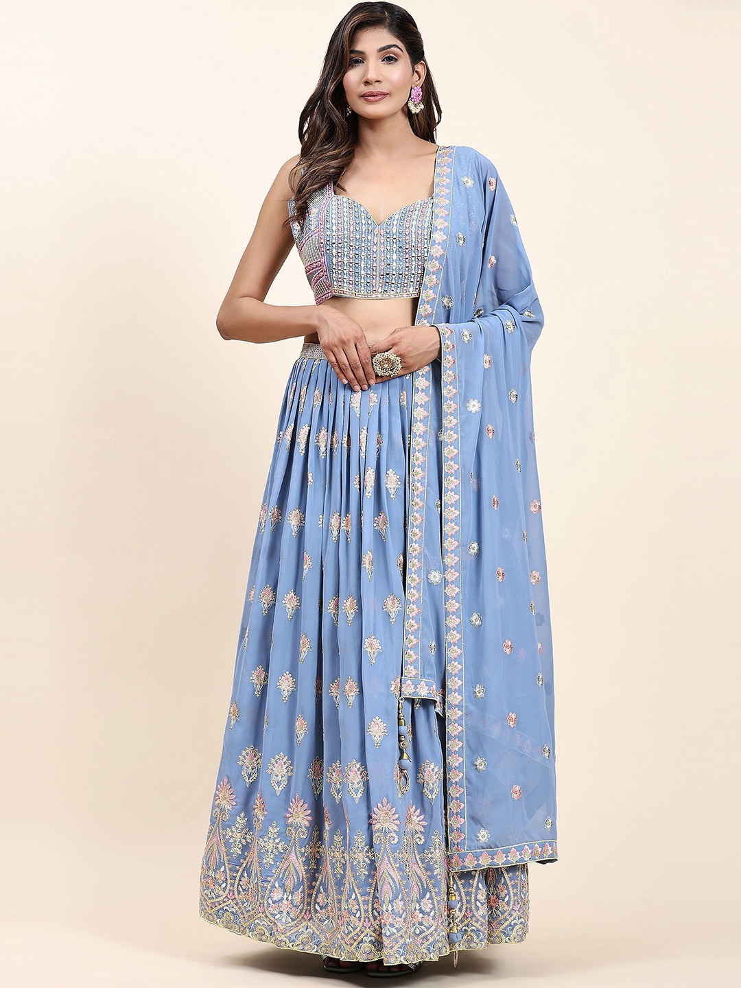 

VANAKARA Embroidered Thread Work Ready to Wear Lehenga & Blouse With Dupatta, Blue