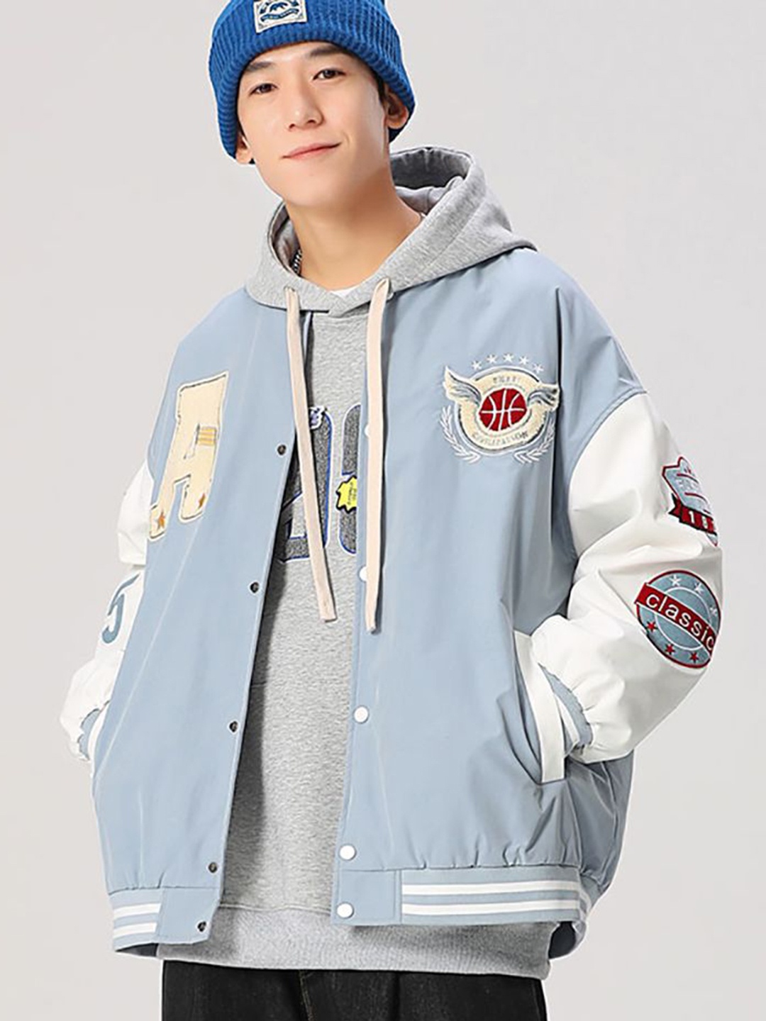 

StyleCast x Revolte Men Hooded Graphic Printed Casual Varsity Jacket, Blue