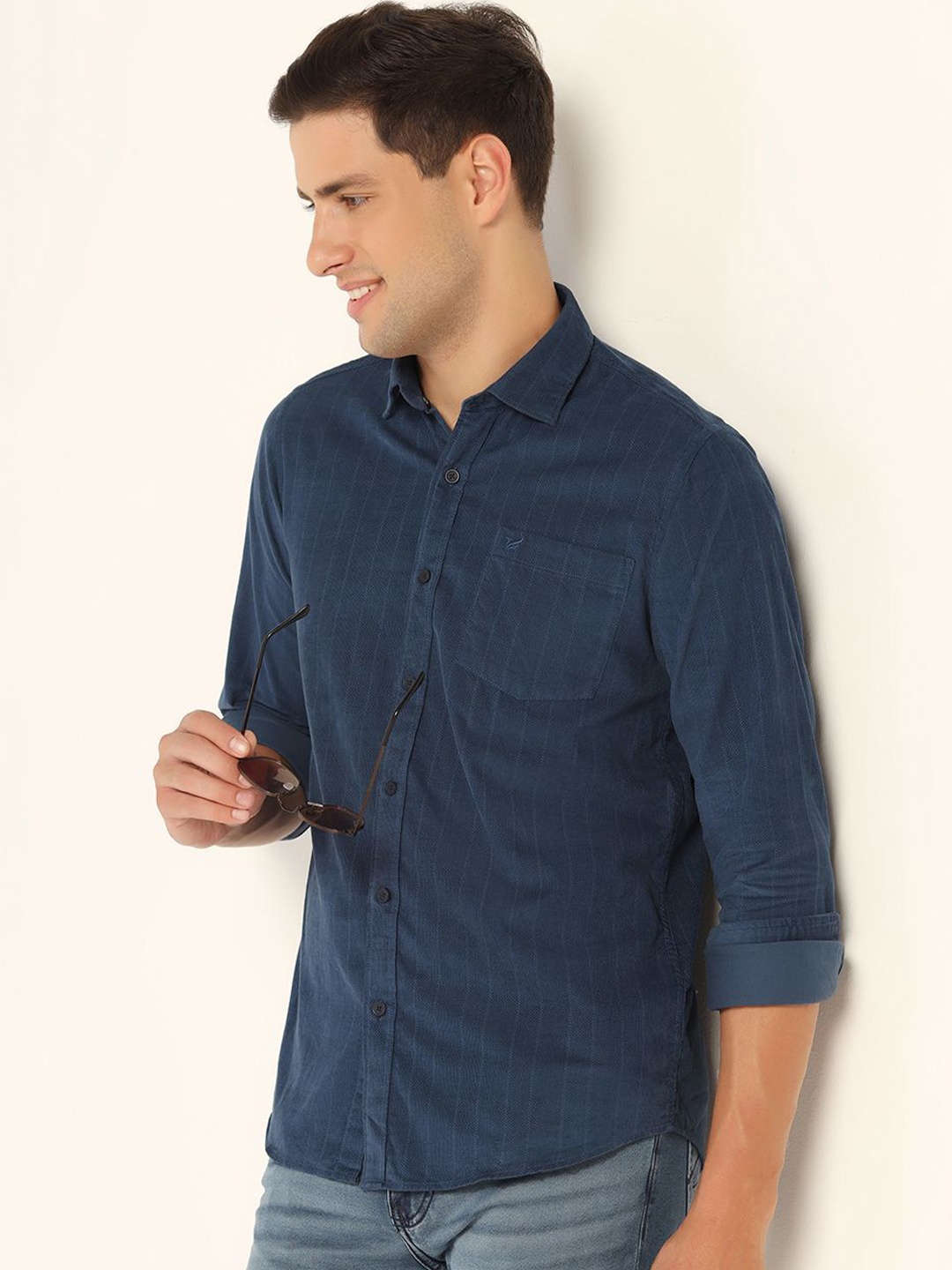 

Blackberrys Men India Slim Spread Collar Vertical Striped Cotton Slim Fit Casual Shirt, Blue