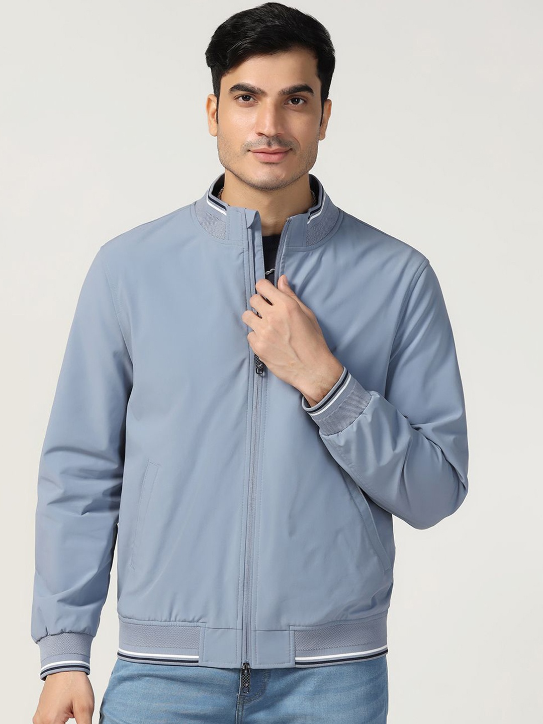 

Blackberrys Men Mock Collar Solid Casual Bomber Jacket, Blue