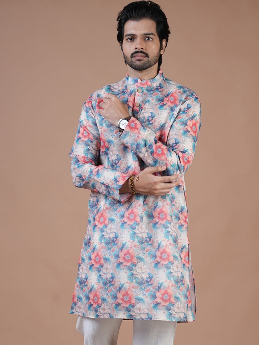 

ARYA Men Printed Regular Linen Kurta with Pyjamas, Blue