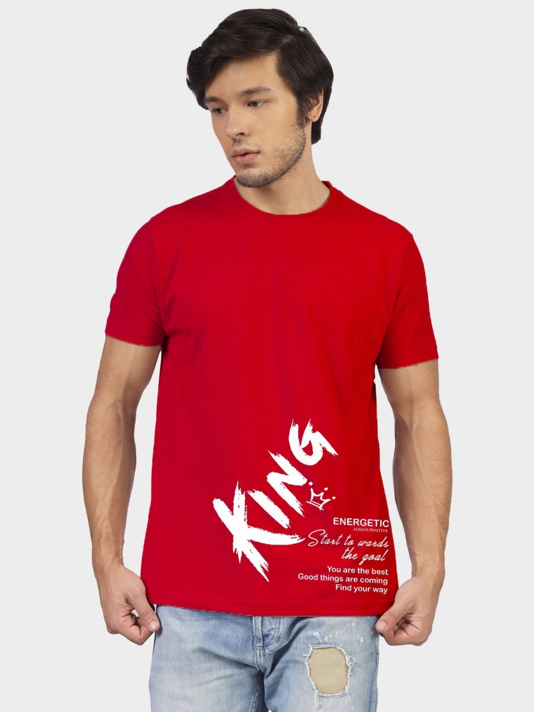 

Greylongg Men Typography Printed Round Neck Cotton T-shirt, Red
