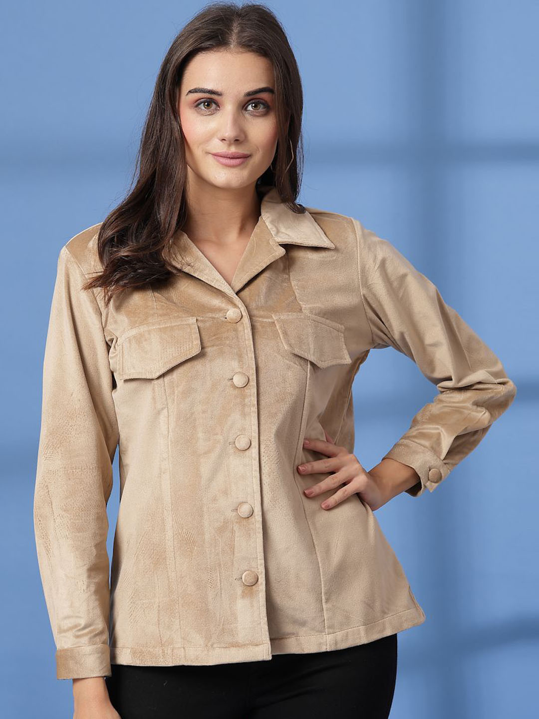 

plusS Women Lapel Collar Solid Casual Tailored Jacket, Beige