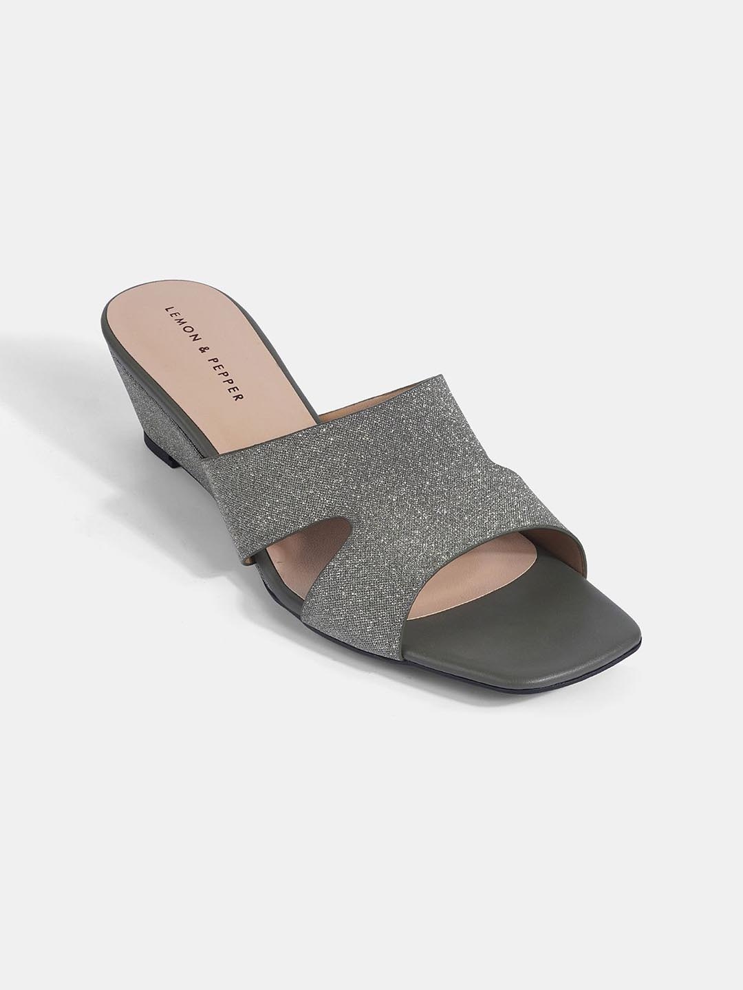 

LEMON & PEPPER Embellished PU Wedge Mules, Grey