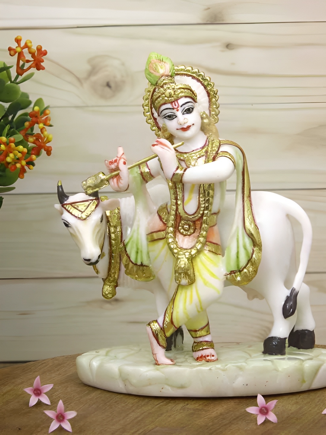 

HANDICRAFTS PARADISE White & Gold Toned Religious Krishna with Cow Idol Showpiece