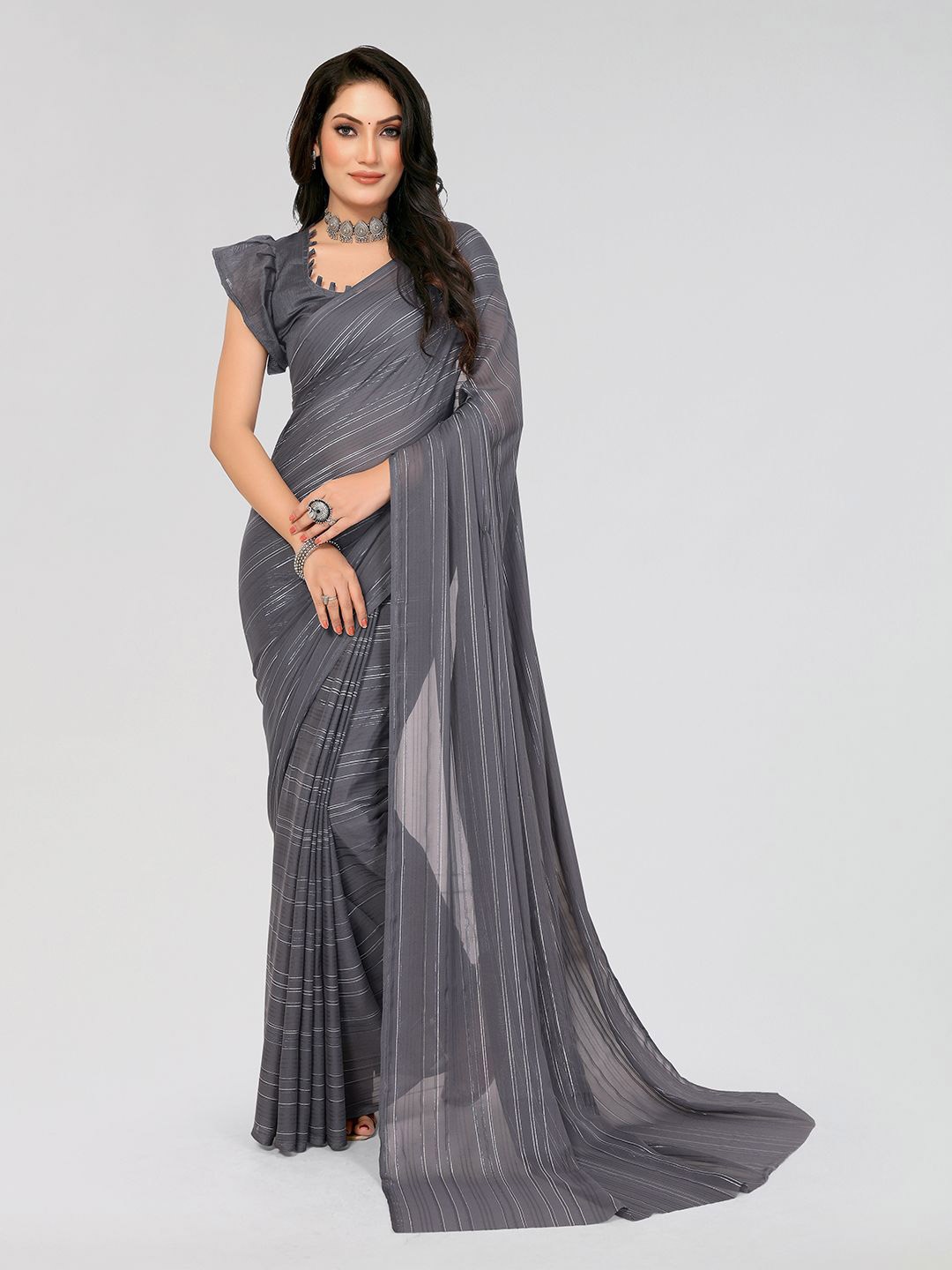 

Moda Rapido Striped Satin Saree With Blouse Piece, Grey