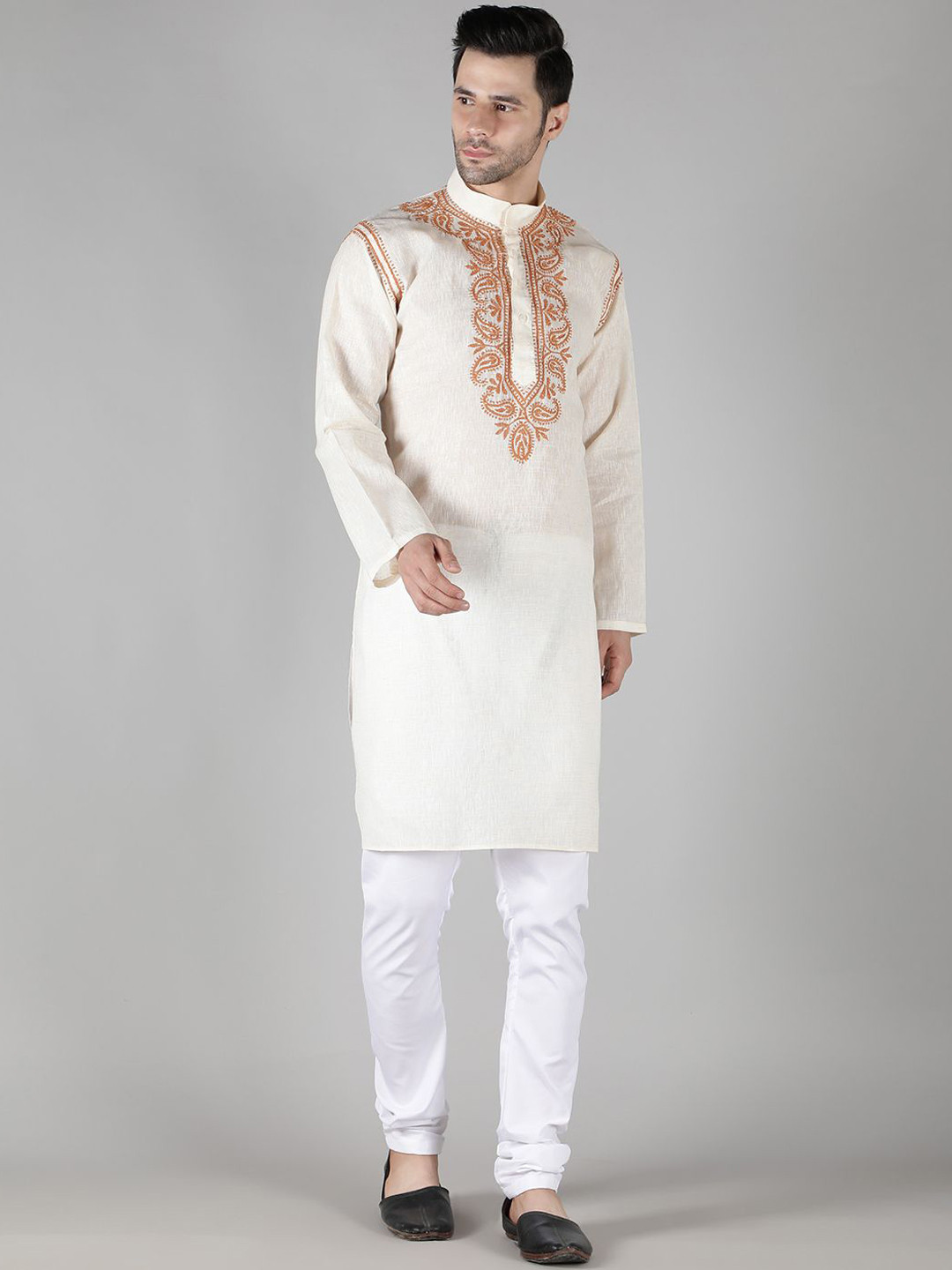 

Seva Chikan Mandarin Collar Ethnic Motifs Yoke Design Chikankari Cotton Kurta, Beige