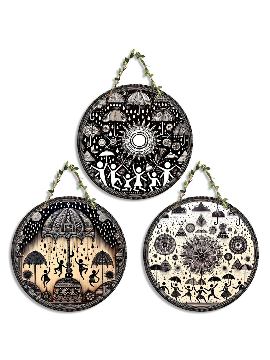 

SEHAZ ARTWORKS Beige & Black 3 Pieces Printed Wooden Wall Hangings