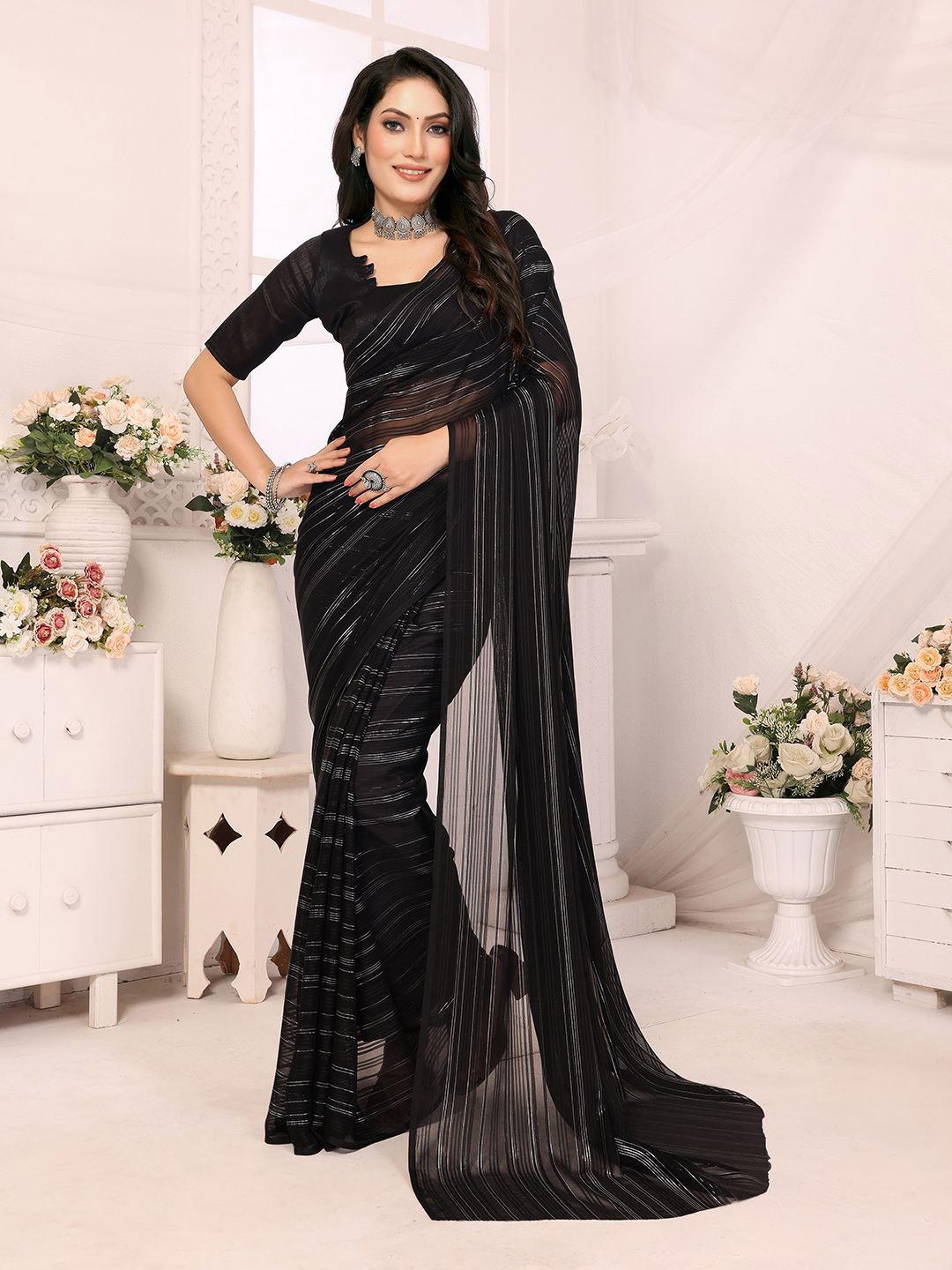 

Moda Rapido Striped Saree With Unstitched Blouse Piece, Black