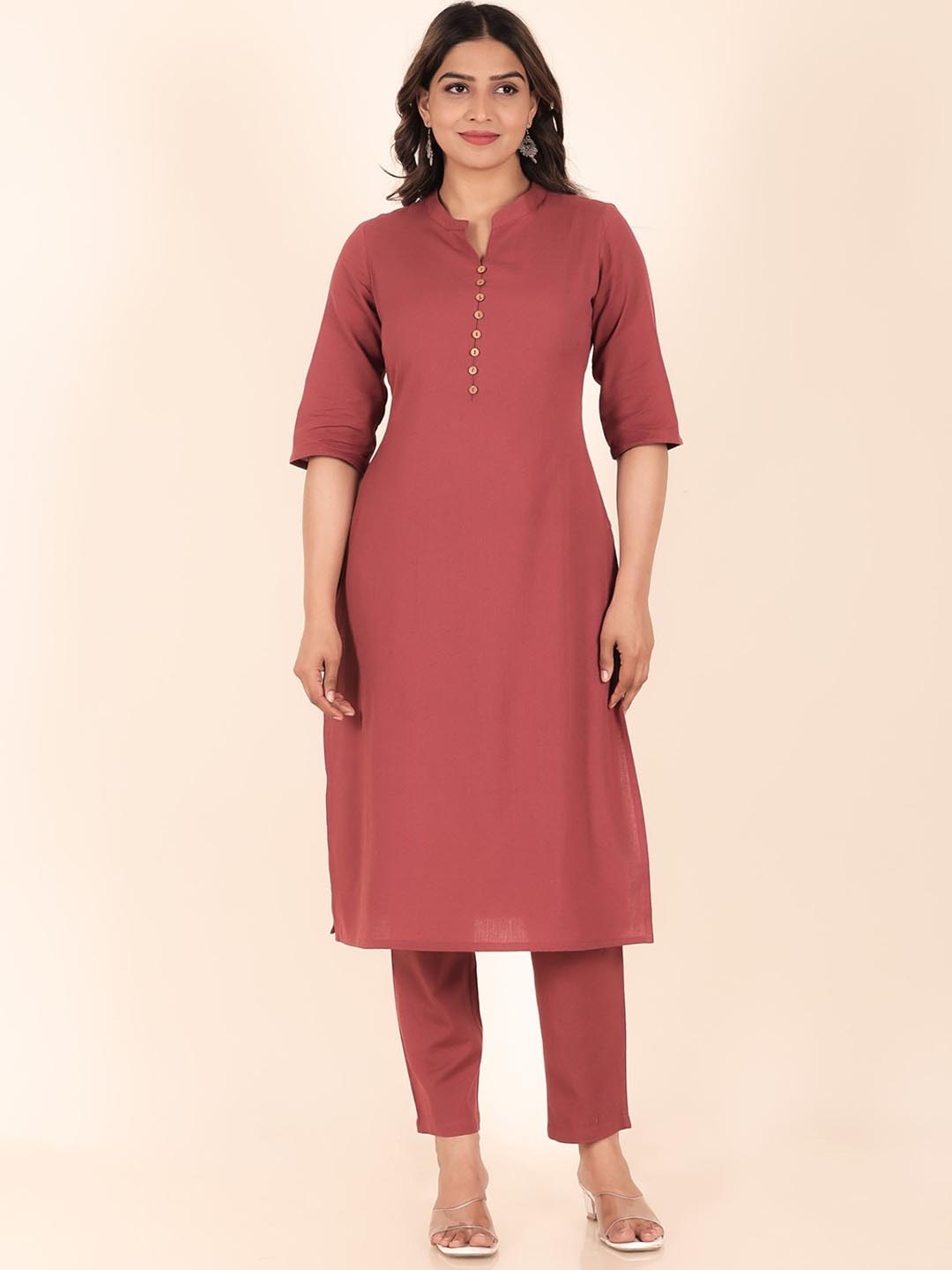 

Aramya Mandarin Collar Linen Straight Kurta with Trousers, Pink