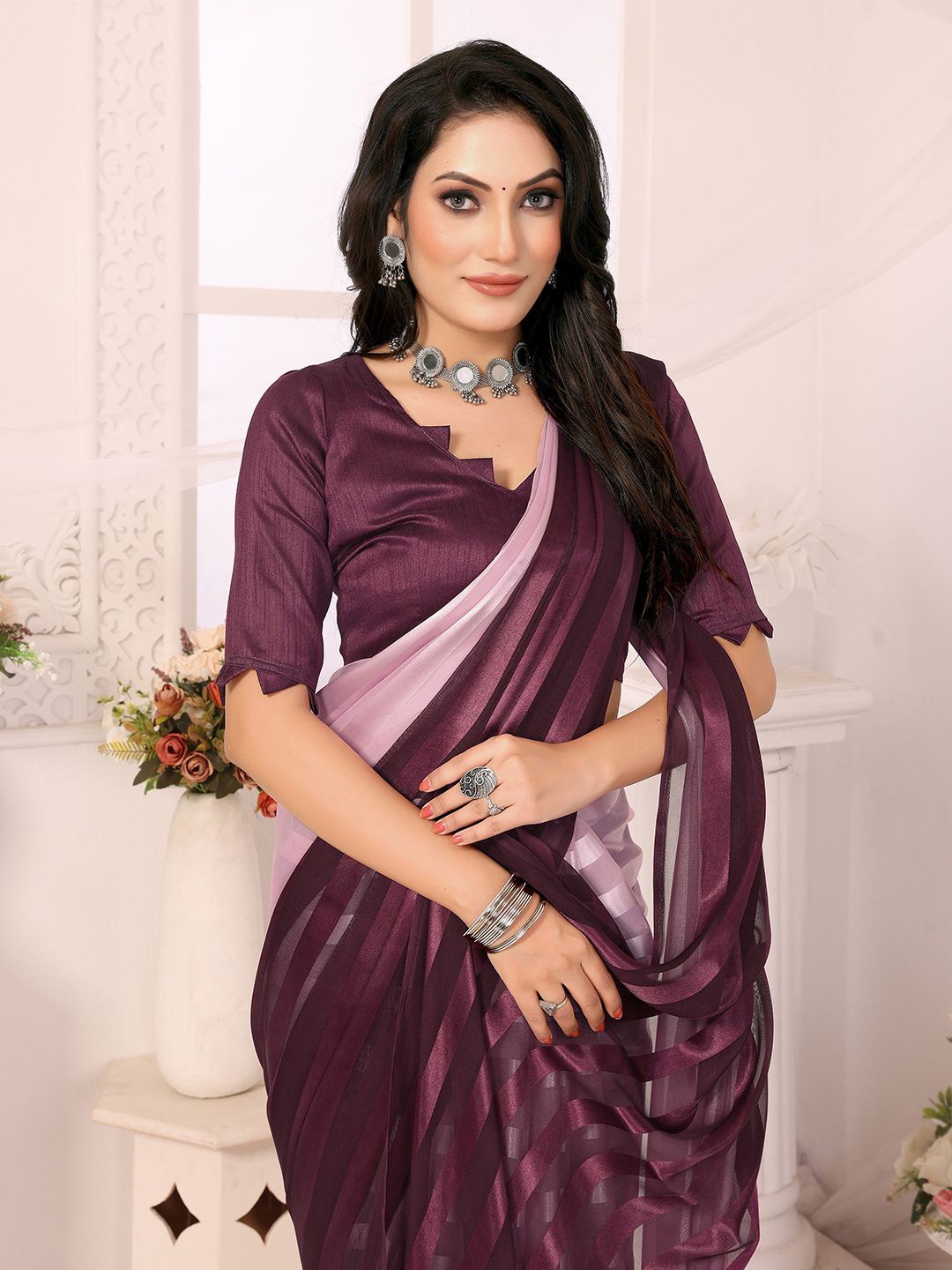 

Moda Rapido Striped Saree With Unstitched Blouse Piece, Purple