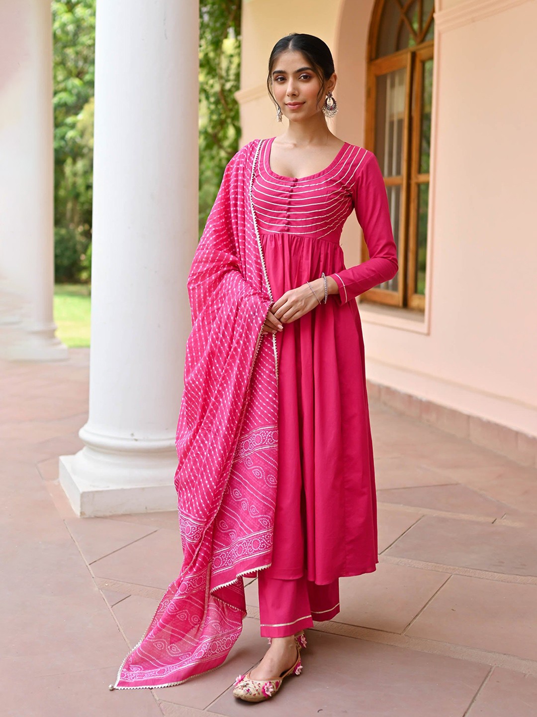 

Bunaai Striped Yoke Design Gotta Patti Anarkali Kurta With Trouser & Dupatta, Pink