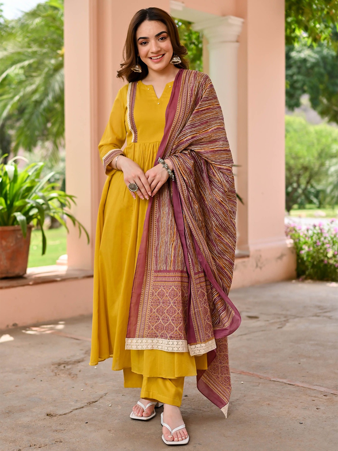 

Bunaai Beads and Stones Anarkali Kurta With Pyjamas & Dupatta, Mustard