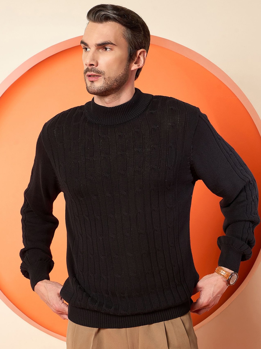 

Club York Men Ribbed Pullover High Neck Sweater, Black