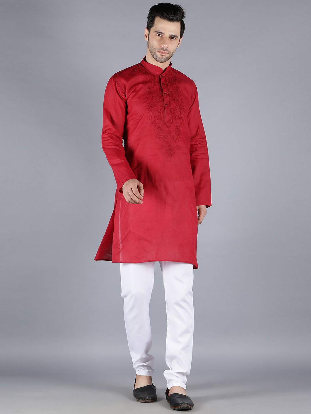 

Seva Chikan Floral Embroidered Mandarin Collar Long Sleeves Pure Cotton Straight Kurta, Maroon