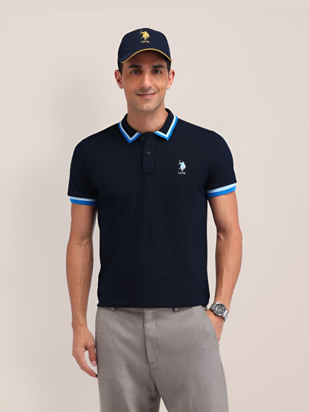 

U.S. Polo Assn. Men Solid Polo Collar Cotton Slim Fit T-shirt, Navy blue