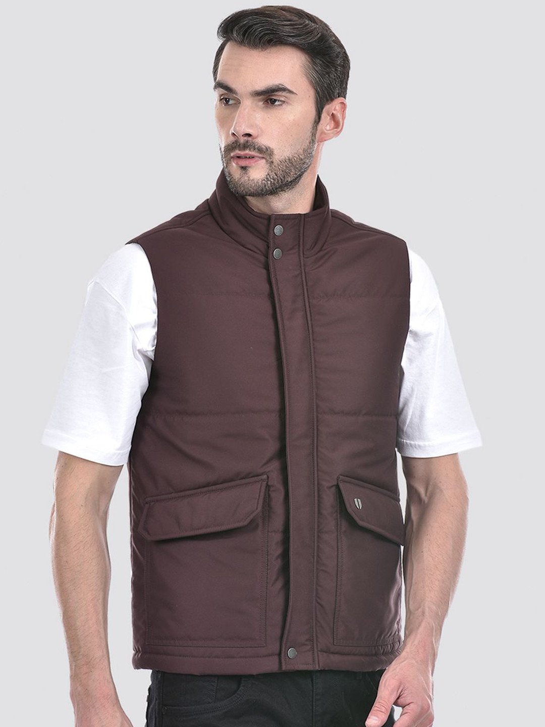 

Numero Uno Men Mock Collar Solid Casual Padded Jacket, Brown