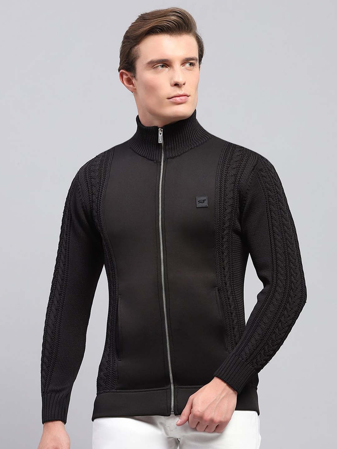

Monte Carlo Men Mock Collar Full Sleeve Cable Knit Cardigan, Black
