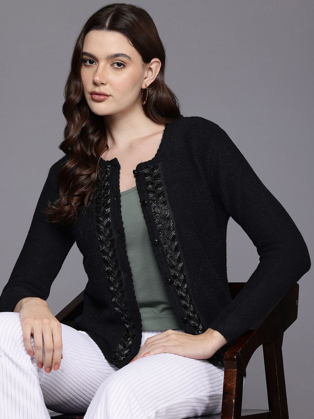 

Cayman Women Woollen Cardigan with Embellished Detail, Black