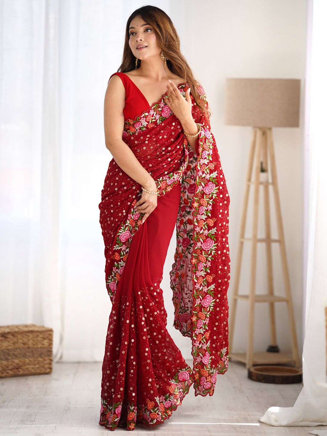 

Mitera Floral Embroidered Sequinned Poly Georgette Saree, Red