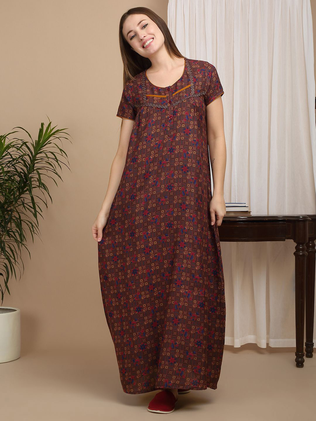 

Sweet Dreams Geometric Printed Pure Cotton Maxi Nightdress, Rust