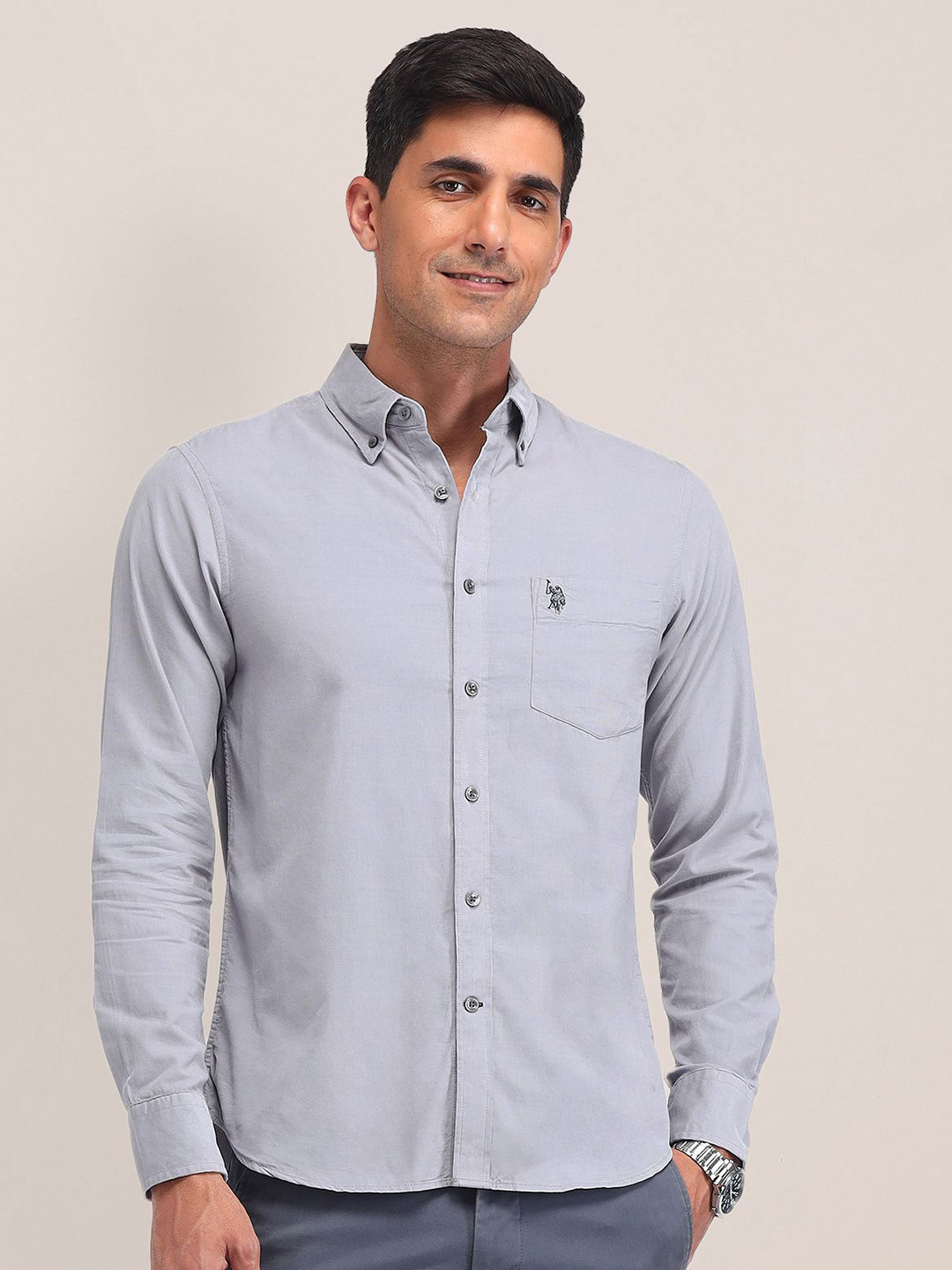 

U.S. Polo Assn. Men Classic Button-Down Collar Solid Cotton Tailored Fit Casual Shirt, Grey