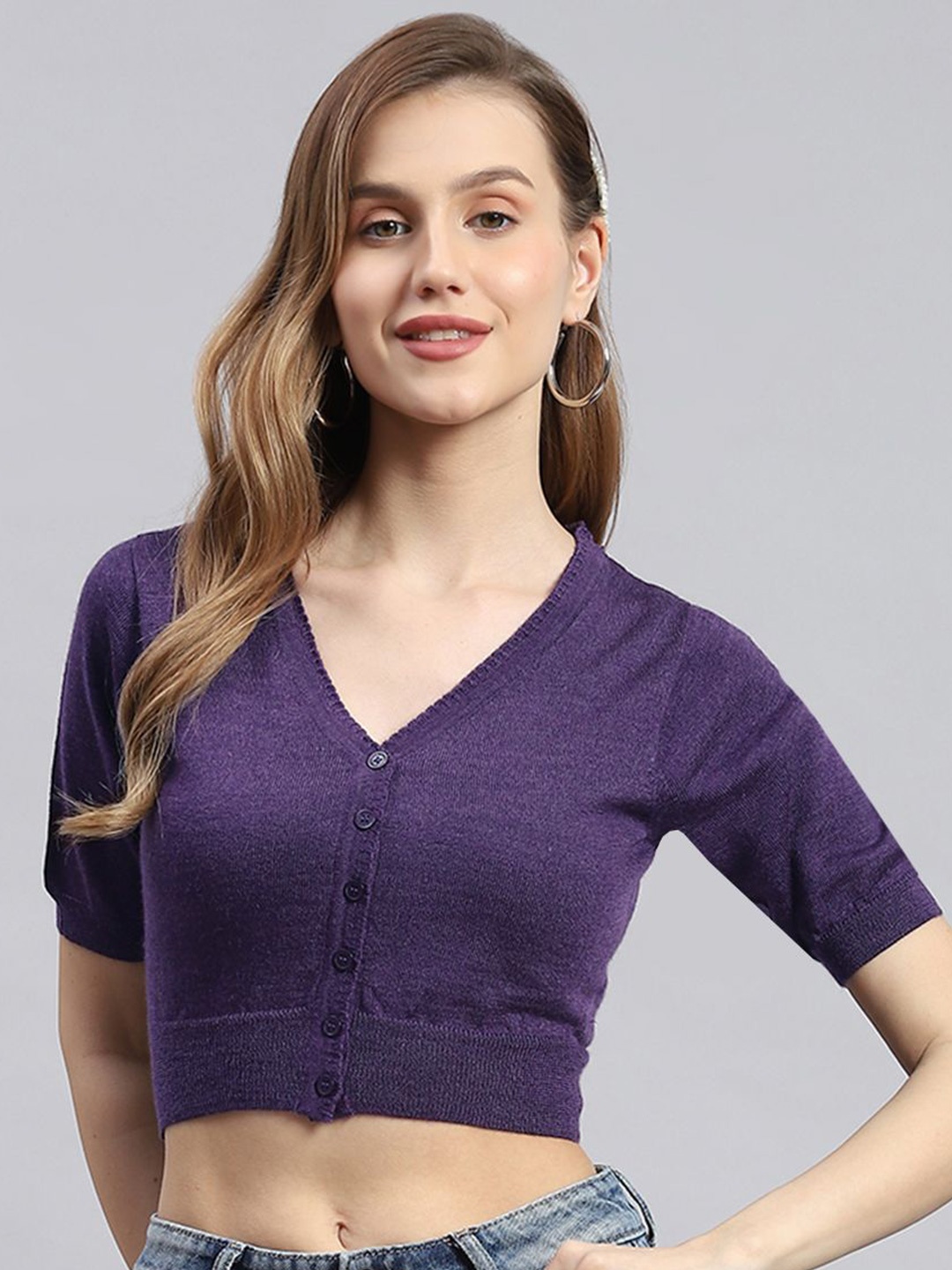 

Monte Carlo Women Woollen Crop Half Sleeve Cardigan, Purple