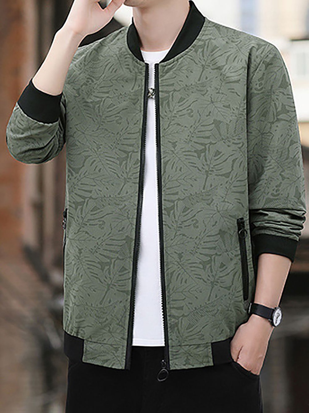 

StyleCast x Revolte Men Stand Collar Tropical Printed Casual Bomber Jacket, Green