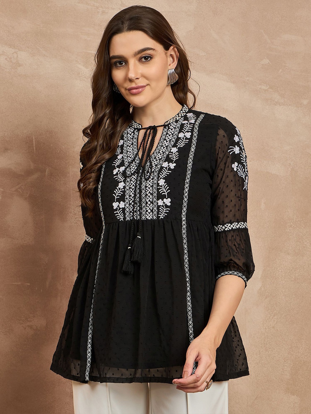 

all about you Women Floral Embroidered Ethnic Georgette Top, Black
