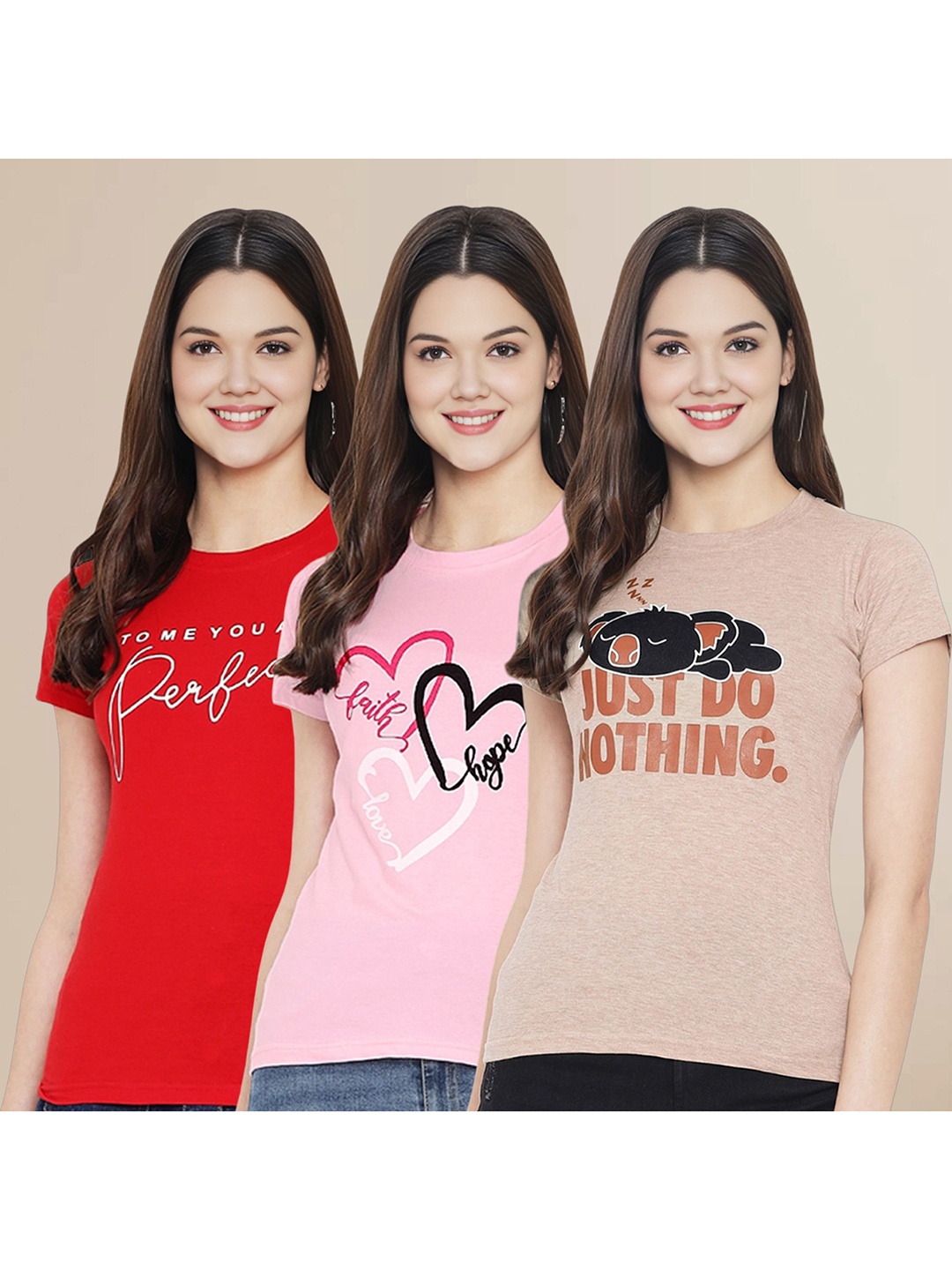

Metronaut Women Pack Of 3 Typography Printed Round Neck Cotton T-shirts, Red