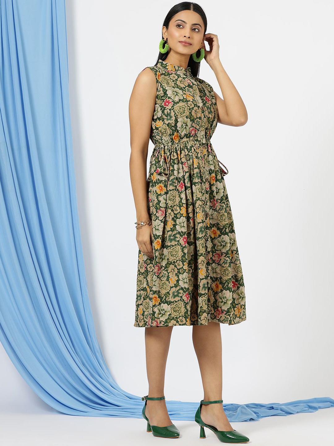 

SANJANA SILK Mandarin Collar Floral Printed Fit and Flare Cotton Dress, Green