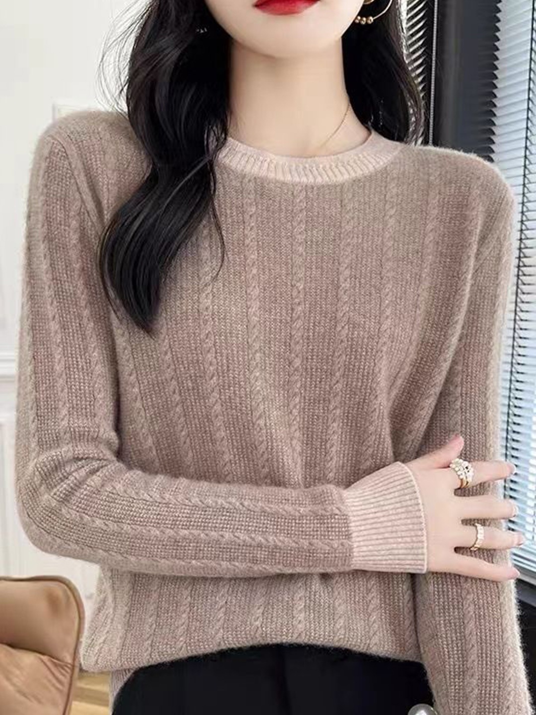 

StyleCast Women Self Design Round Neck Cable Knit Pullover Sweater, Brown