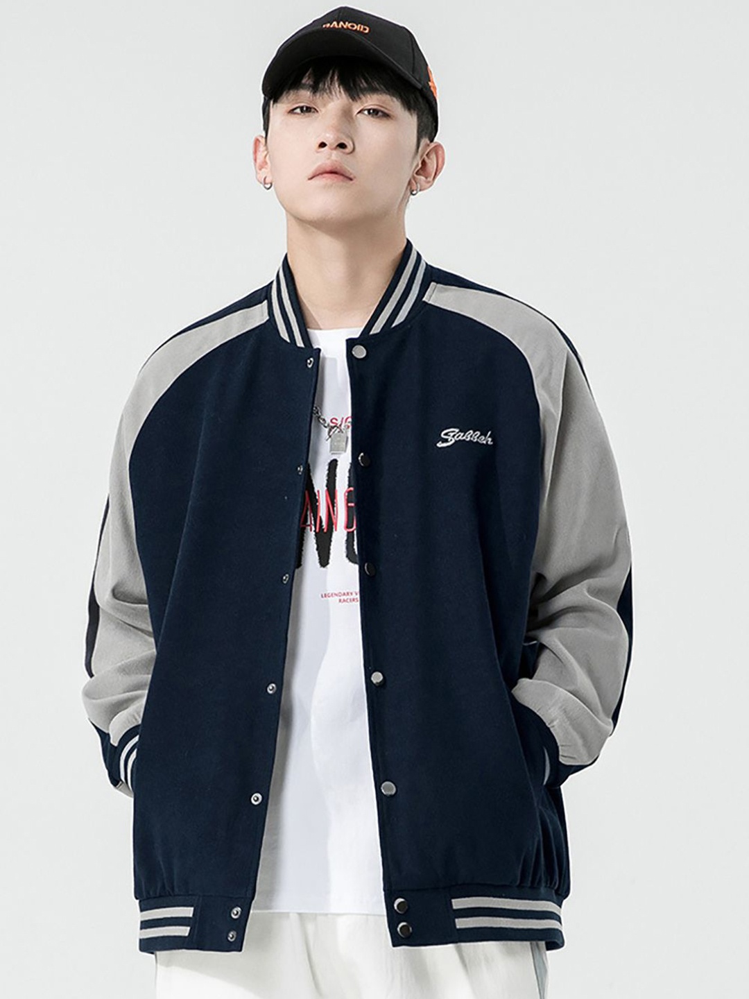 

StyleCast x Revolte Men Stand Collar Colourblocked Casual Bomber Jacket, Navy blue