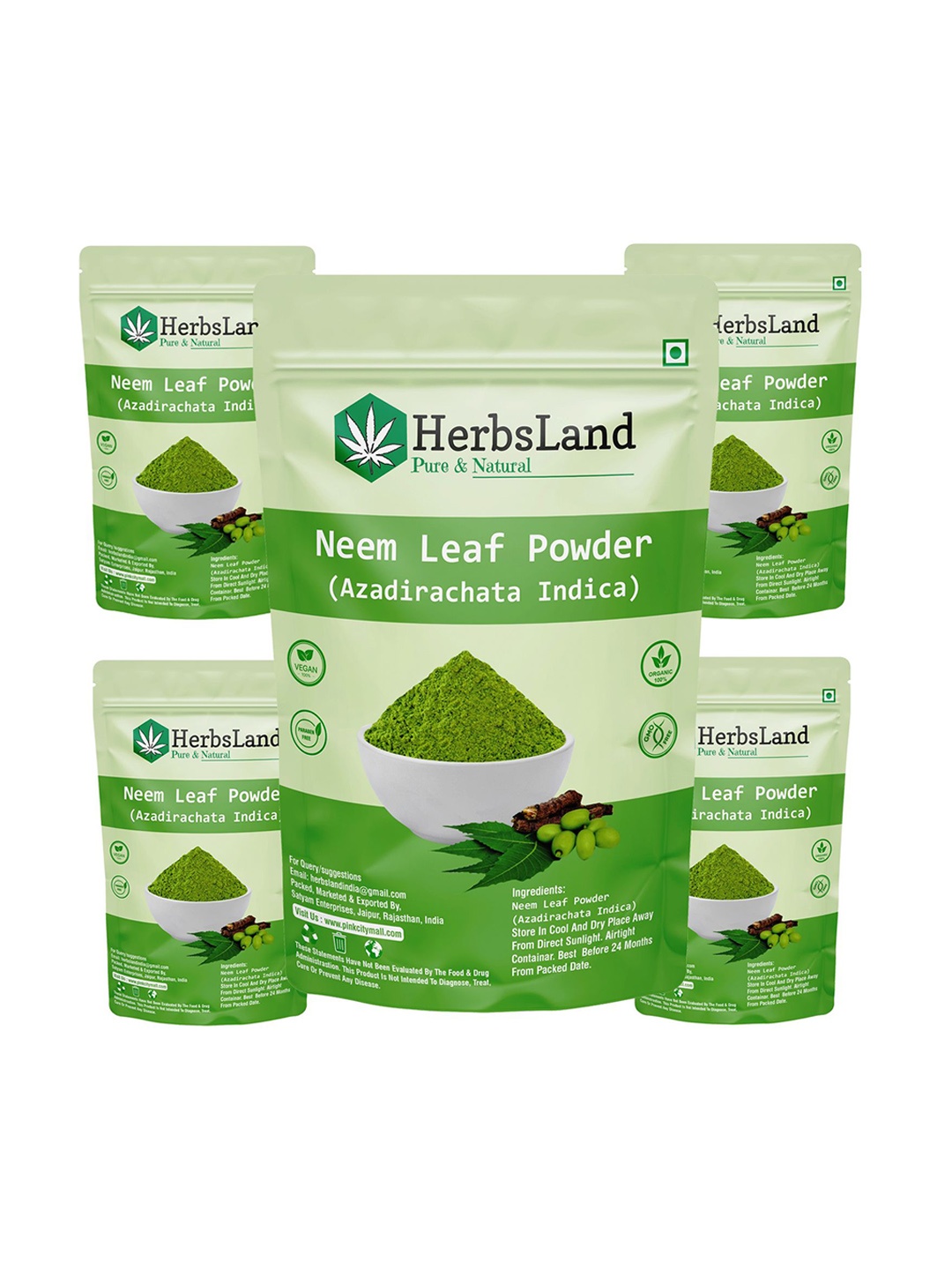 

HerbsLand Set Of 5 Neem Leaf Face Pack Powder - 100 g Each, Green