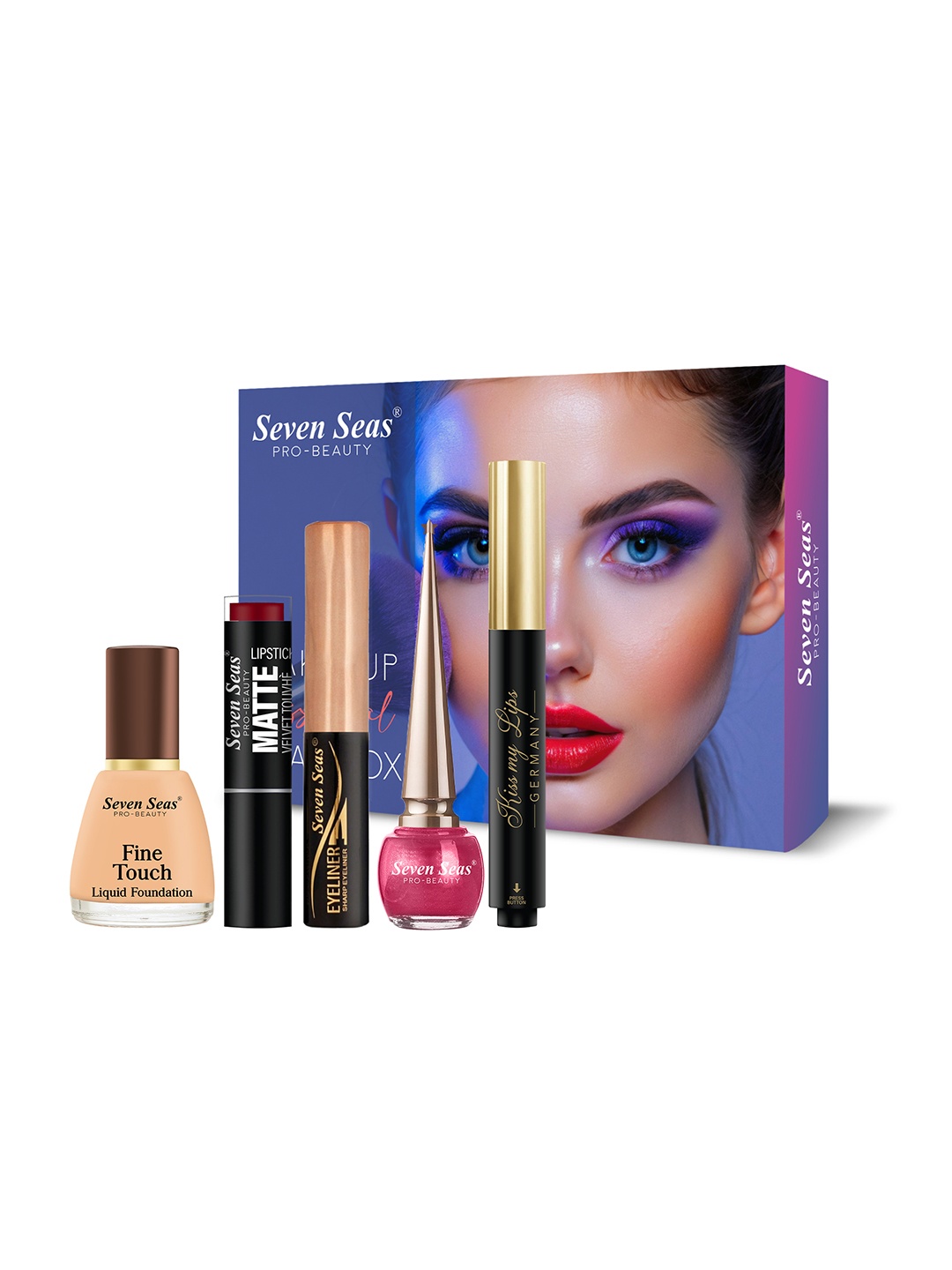 

Seven Seas Foundation Velvet Touch Lipstick Lip Balm & 2-Pcs Liquid Eyeliner Makeup Combo, Multi