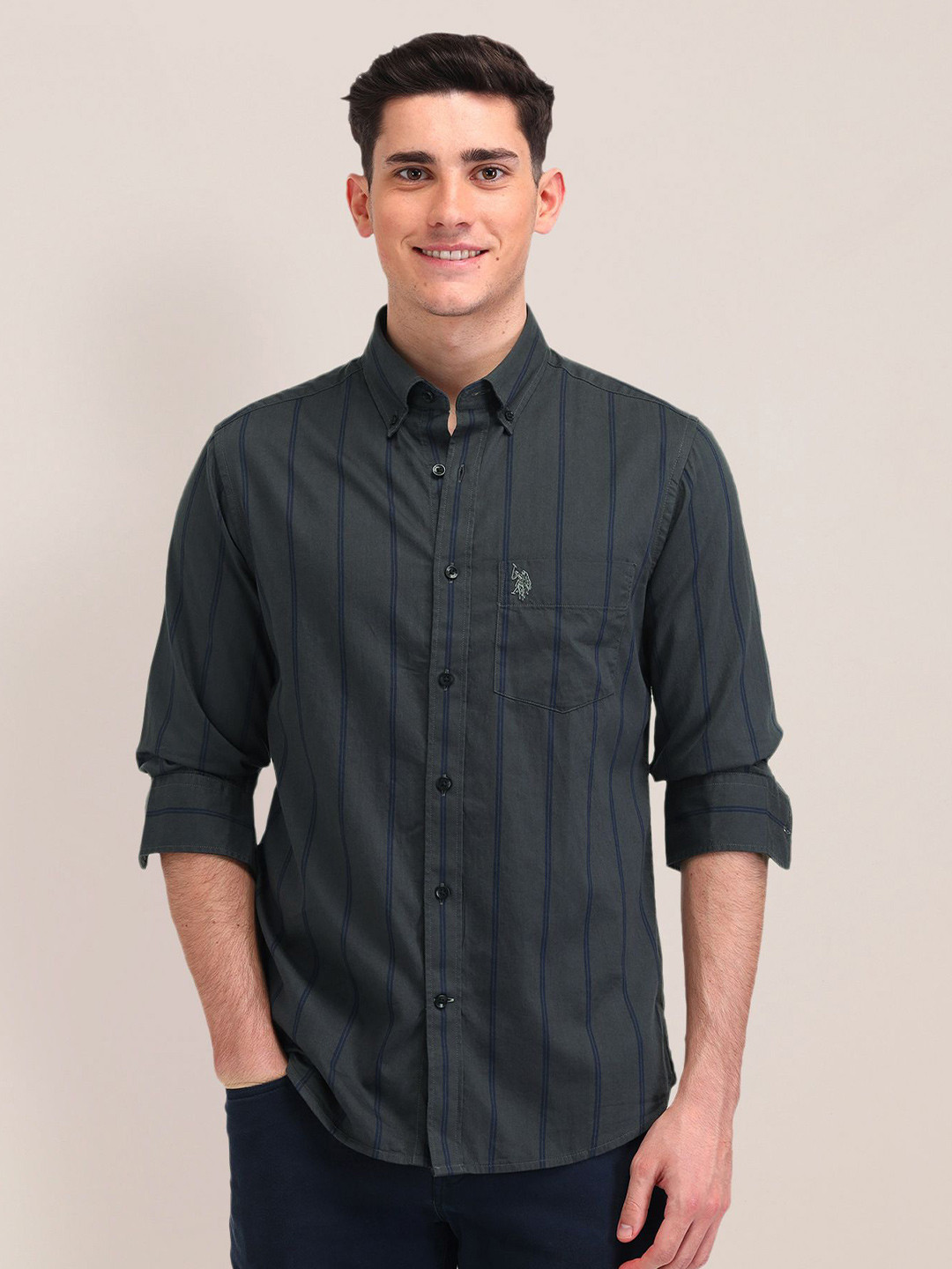 

U.S. Polo Assn. Men Classic Vertical Striped Cotton Tailored Fit Casual Shirt, Grey