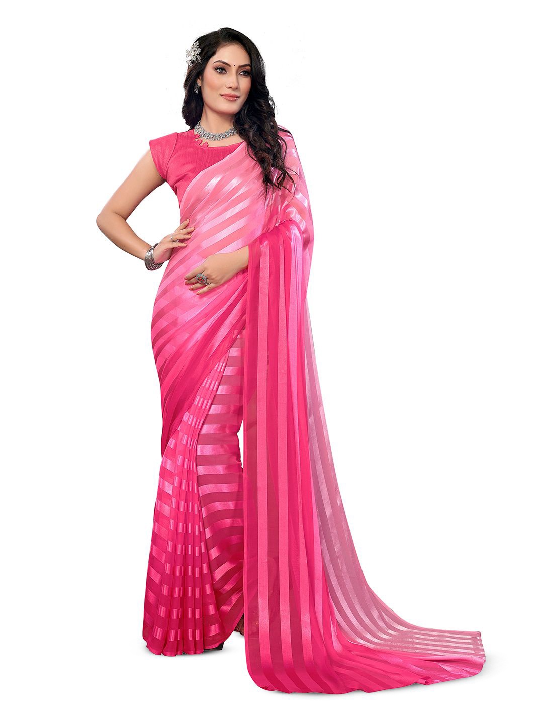 

Moda Rapido Striped Saree With Unstitched Blouse Piece, Pink